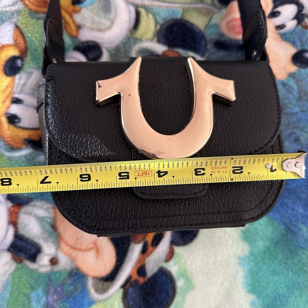 TRUE RELIGION Mini Flap Logo Crossbody Bag Black Gold Horseshoe Adjustable Strap - Picture 12 of 16